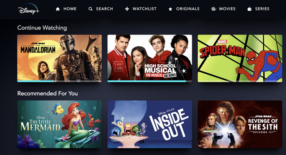 The Disney+ home screen at launch