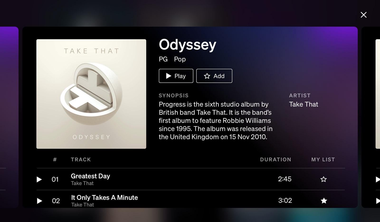 Listen app showing synopsis of an album with the track listing showing.