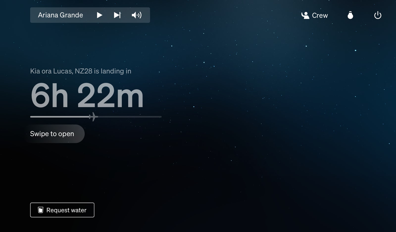 New wake screen feature for night flights so customers can check the flight status on a dimmed screen, a second tap wakes the screen. Asher and I added the Southern Cross and sporadic shooting stars.