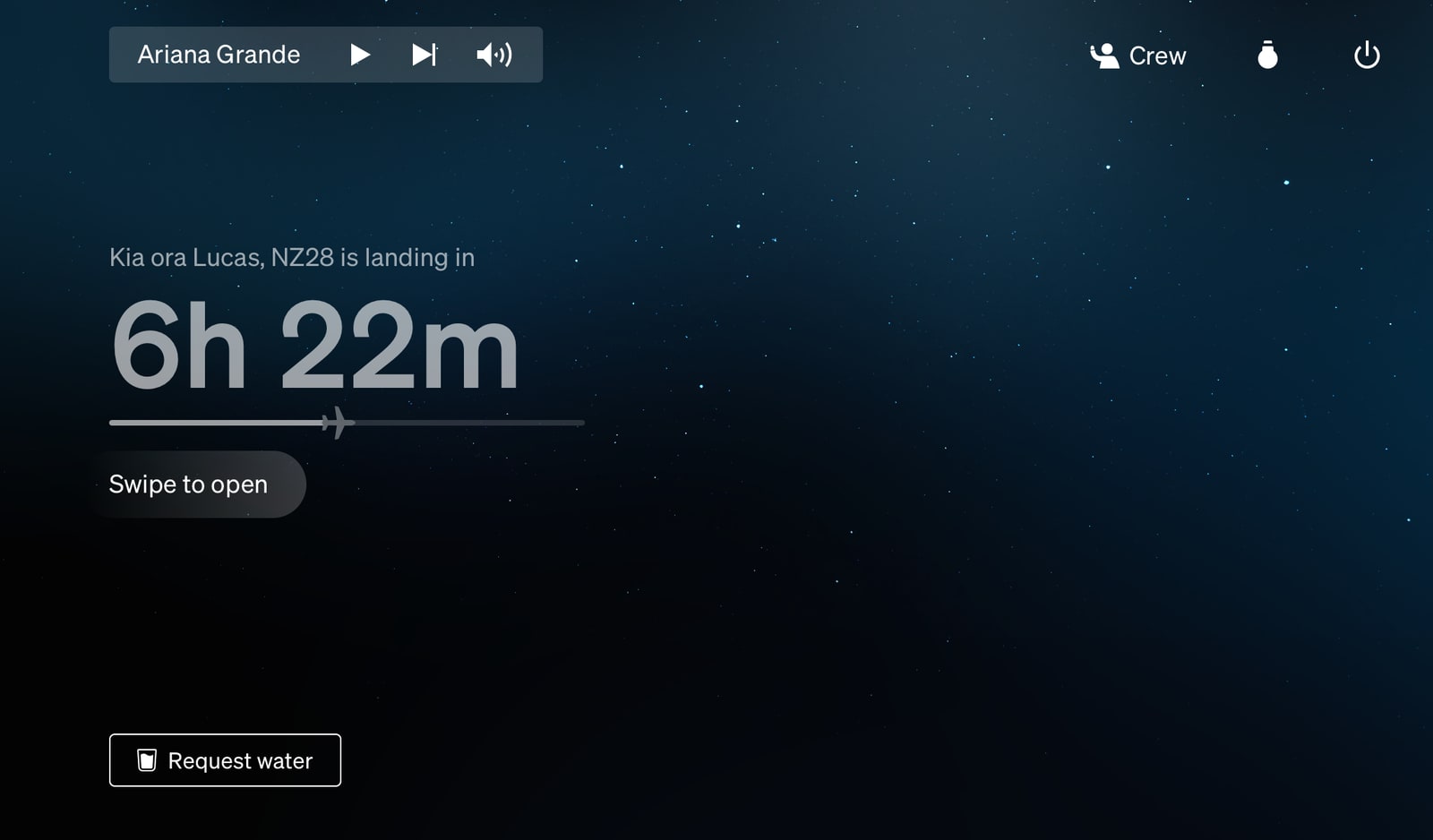 New wake screen feature for night flights so customers can check the flight status on a dimmed screen, a second tap wakes the screen.  Asher and I added the Southern Cross and sporadic shooting stars.