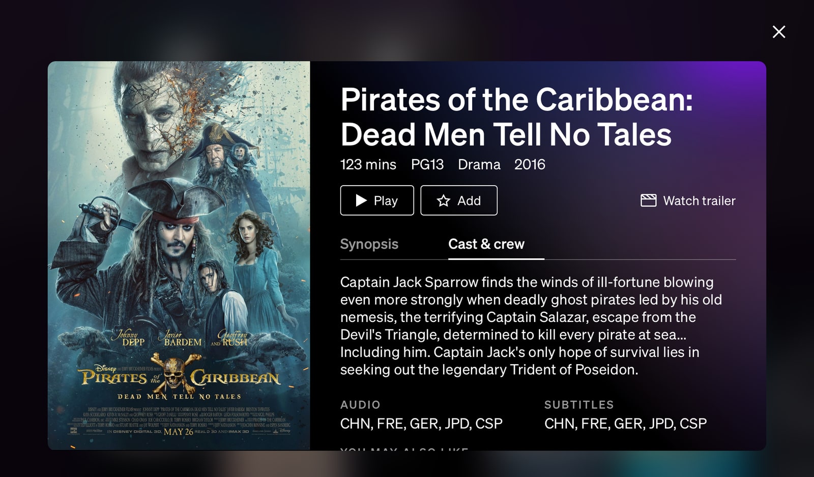 Watch app showing synopsis of a movie with a very long title.  We often used POTC:DMTNT as our worst case movie name in testing.