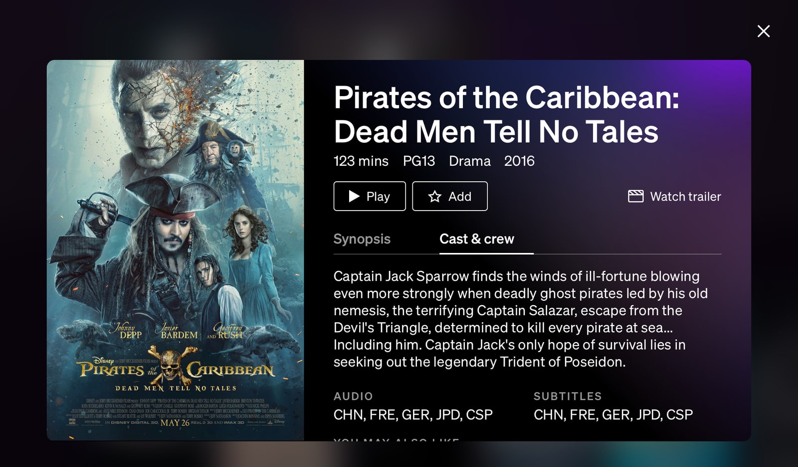 Watch app showing synopsis of a movie with a very long title. We often used POTC:DMTNT as our worst case movie name in testing.