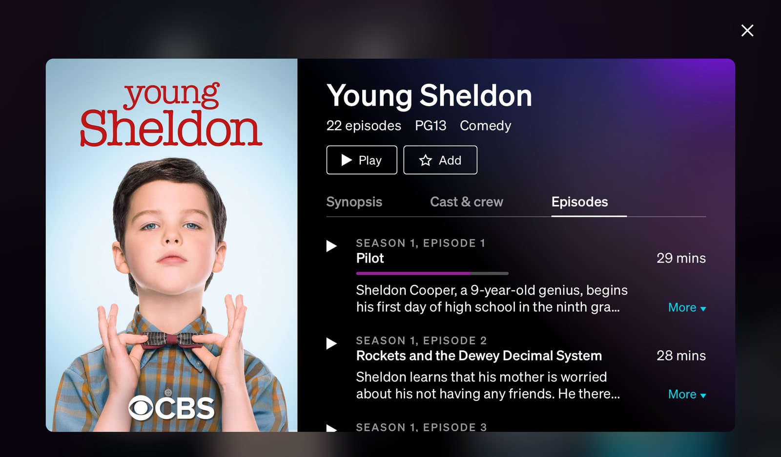 Watch app showing synopsis of a TV series. Unlike many other airlines we include the entire season of TV shows.