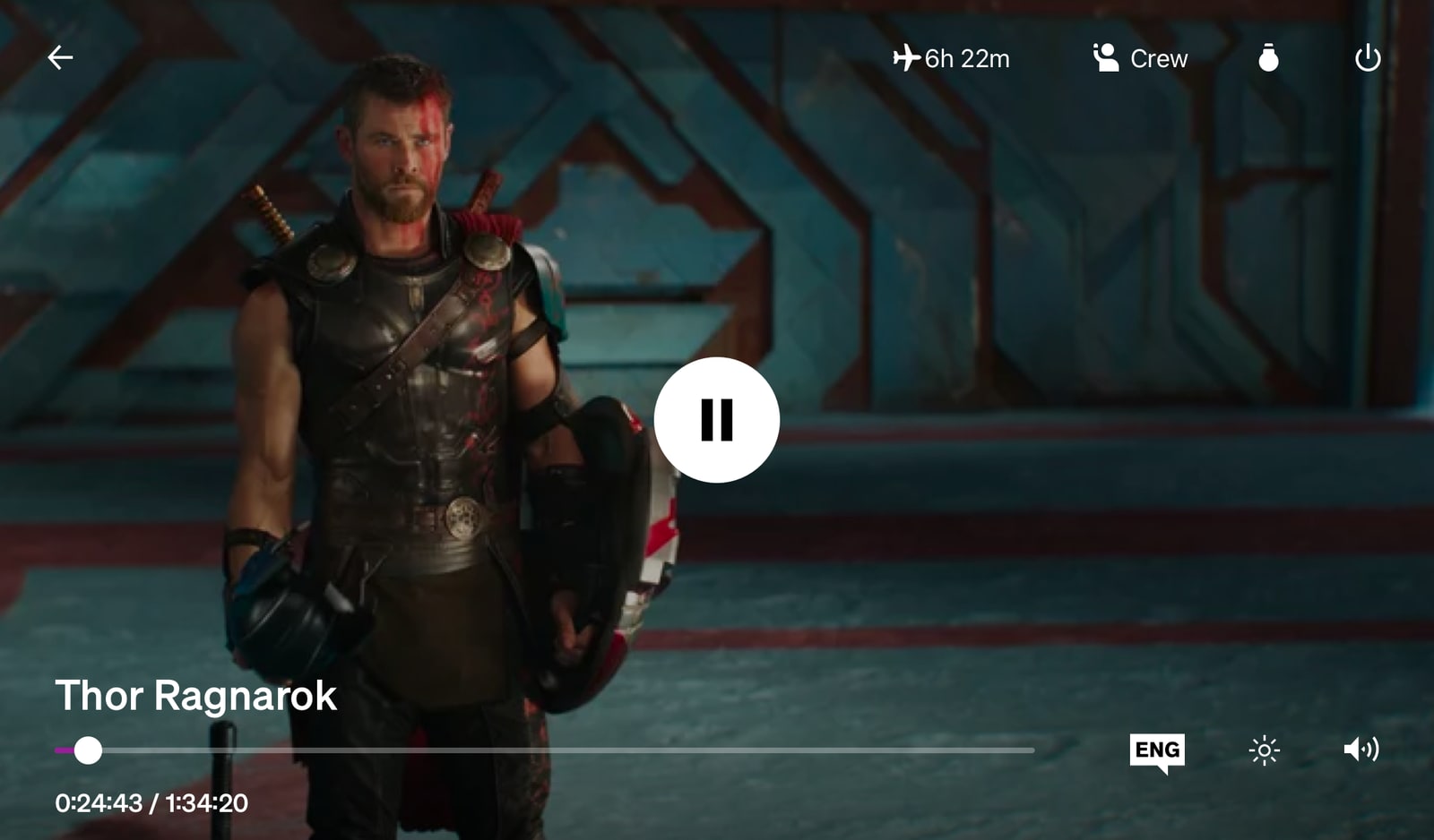 Video player showing controls with vignette over Thor being awesome in Ragnarok.